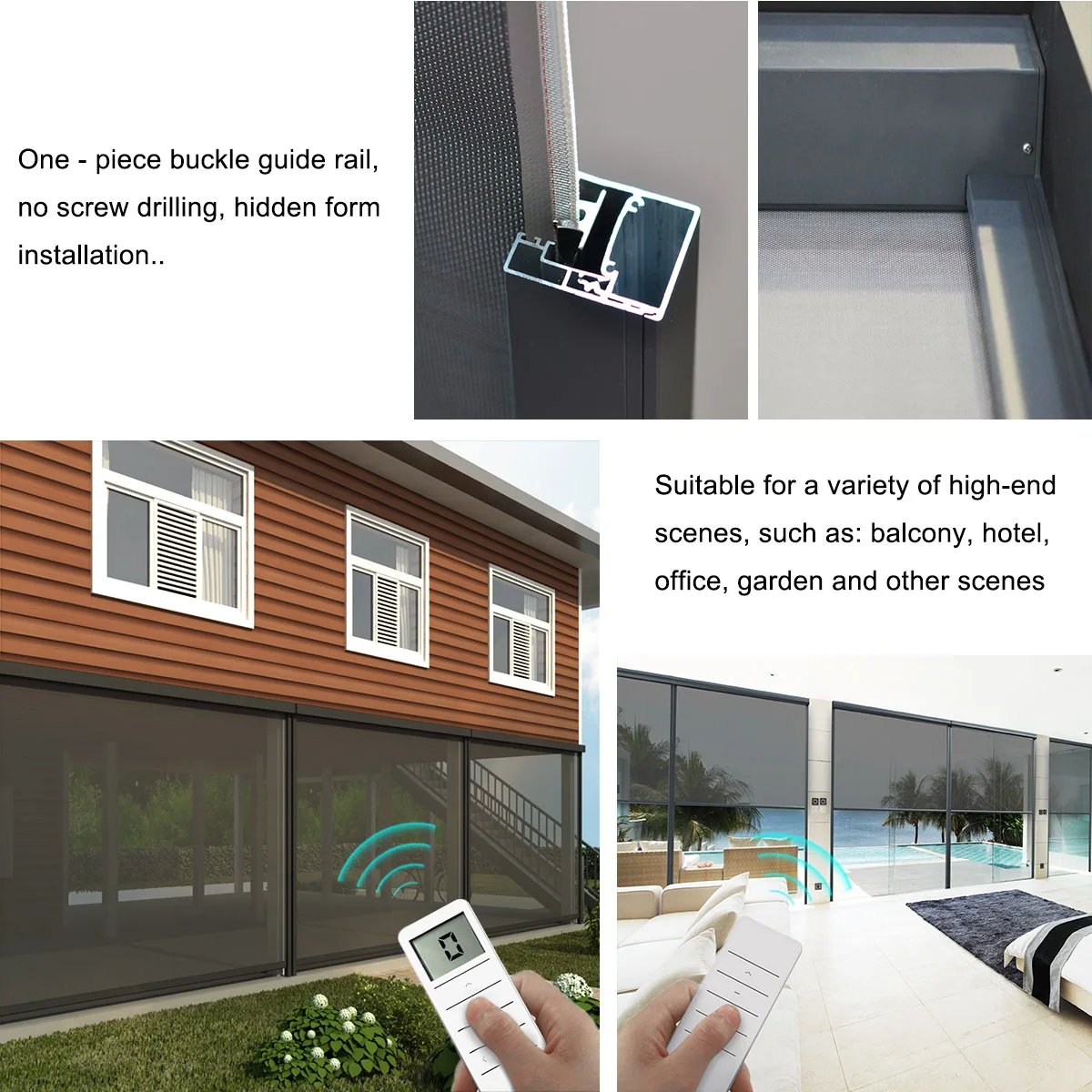 الستائر الخارجية بشاشة الرمز البريدي مخصصة للتعتيم الخصوصية التحكم عن بعد مقاوم للماء الظل بمحركات في الهواء الطلق يندبروف الستائر الدوارة