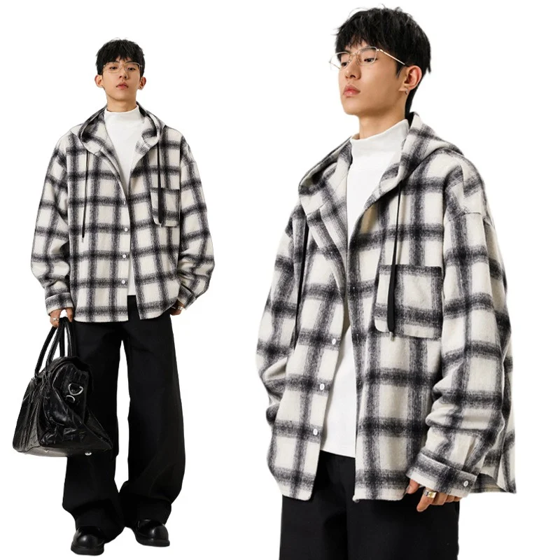 

2026 Spring Retro Plaid Hooded Jackets For Men Casual Streetwear Button-up Cardigan Coats Long Sleeve Y2K Outerwear Shirts