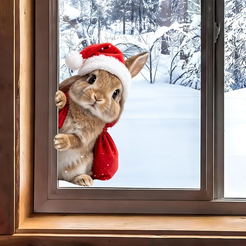 Schneeweißer Weihnachts-Hase Glasaufkleber, Niedlicher Spähender Hase mit Weihnachtsmannmütze, Statische Fensterfolie, Beidseitig Sichtbare Wiederverwendbare Aufkleber