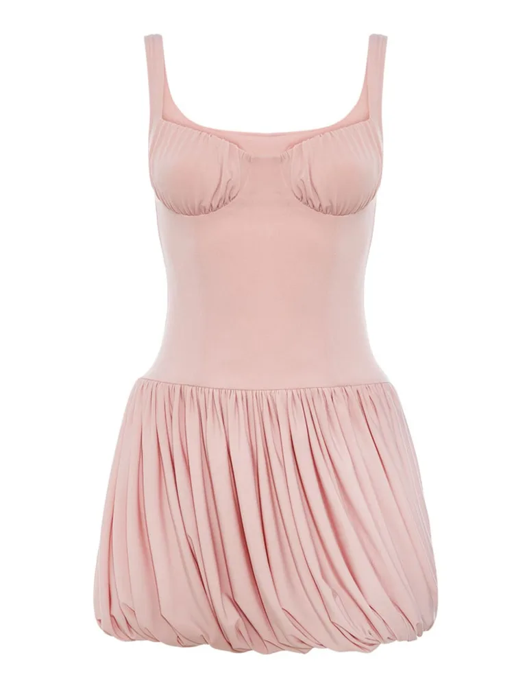 Blifanbo cinta de espaguete sexy mini vestido feminino plissado elegante cintura alta sem costas sem mangas moda a linha vestido de festa de férias