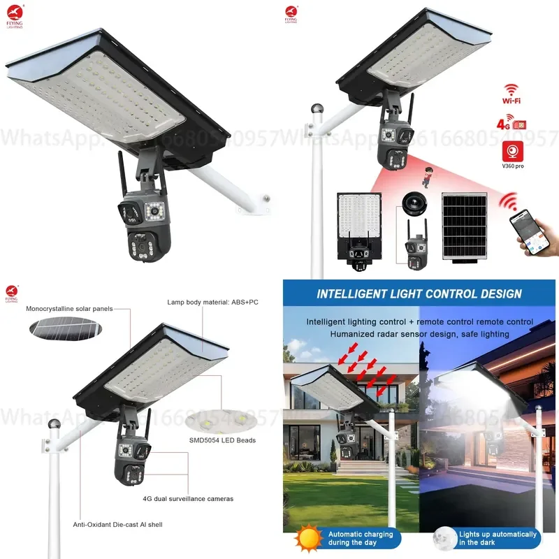 1000W All-in-One LED Security Outdoor IP65 ABS Solar Street Light with 4G Dual CCTV Camera and Wireless Smart Control
