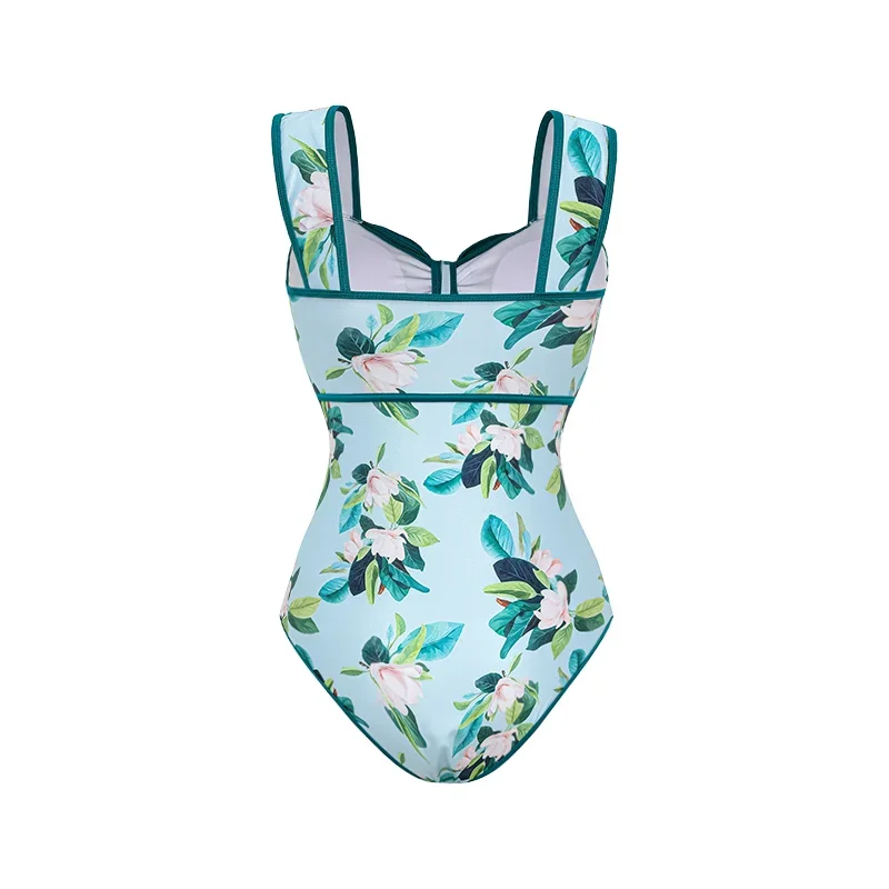 Bow Decor Mangnolia Print One Piece Swimsuit Women Beachwear Luxury Bathing Suit