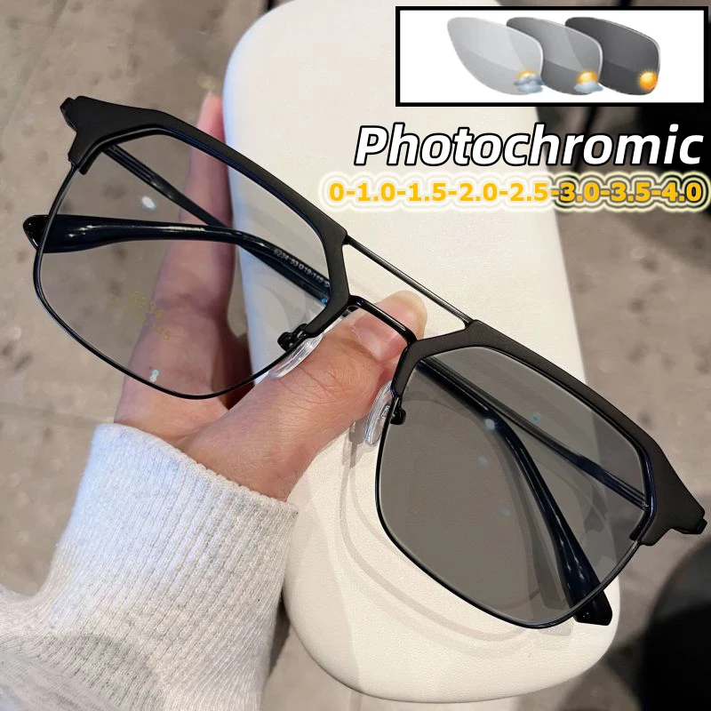 

Luxury Photochromic Myopia Glasses New Retro Square Near Sight Glasses Frame New Blue Light Blocking Eyeglasses for Men Women