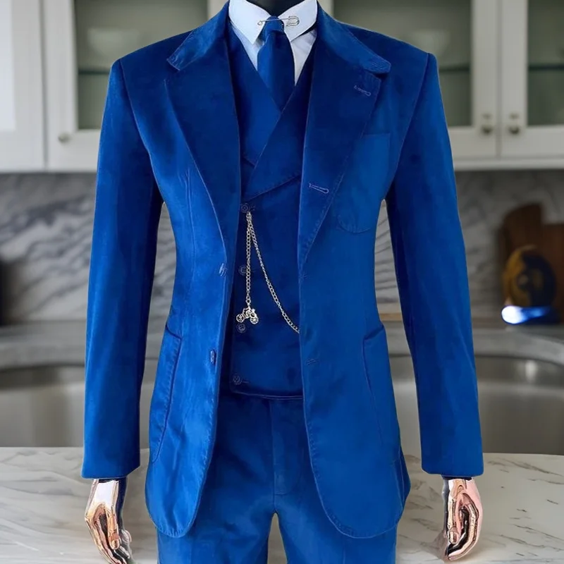 

Velvet Men Suits for Wedding Slim Fit Formal Business Groom Tuxedo 3 Pcs Custom Royal Blue Jacket Vest with Pants Fashion 2024