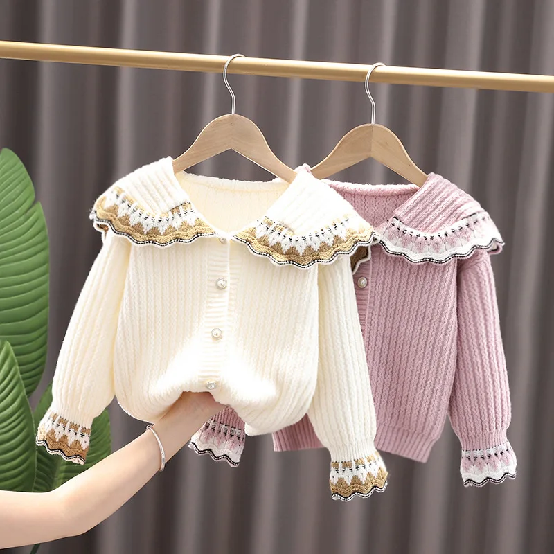 

Sweater Korean Autumn Clothes New Western Style Lapel Knitted Baby White Long-Sleeved Coat Children Cotton Knitwear