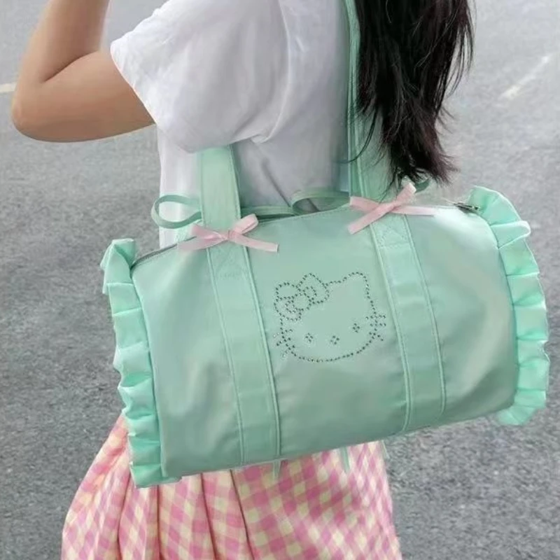 Summer Green Jello Kitty Cat One-shoulder Underarm Bag Women\'s Round Drum Bow Nylon Cloth Large Capacity Tote Bag Girls