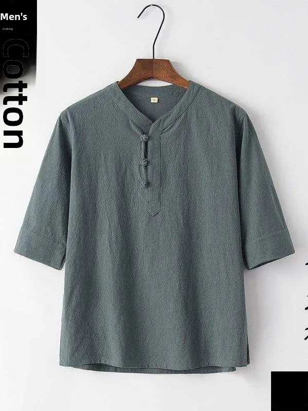 

Повседневная хлопково-льняная футболка в китайском стиле, мужской винтажный костюм Тан, свитер с коротким рукавом, V-образным вырезом, на пуговицах, с рукавом три четверти