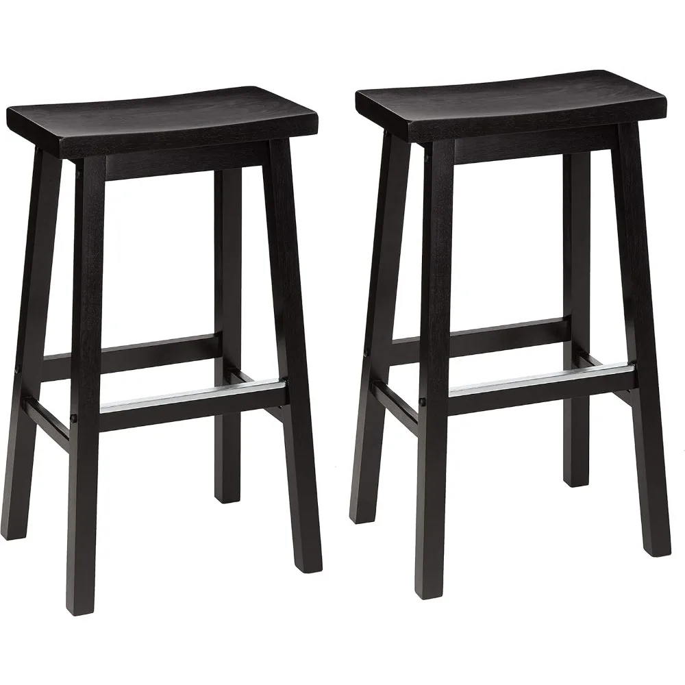 Solid Wood Saddle-Seat Kitchen Counter Barstool, 29-Inch Height, Black - Set of 2