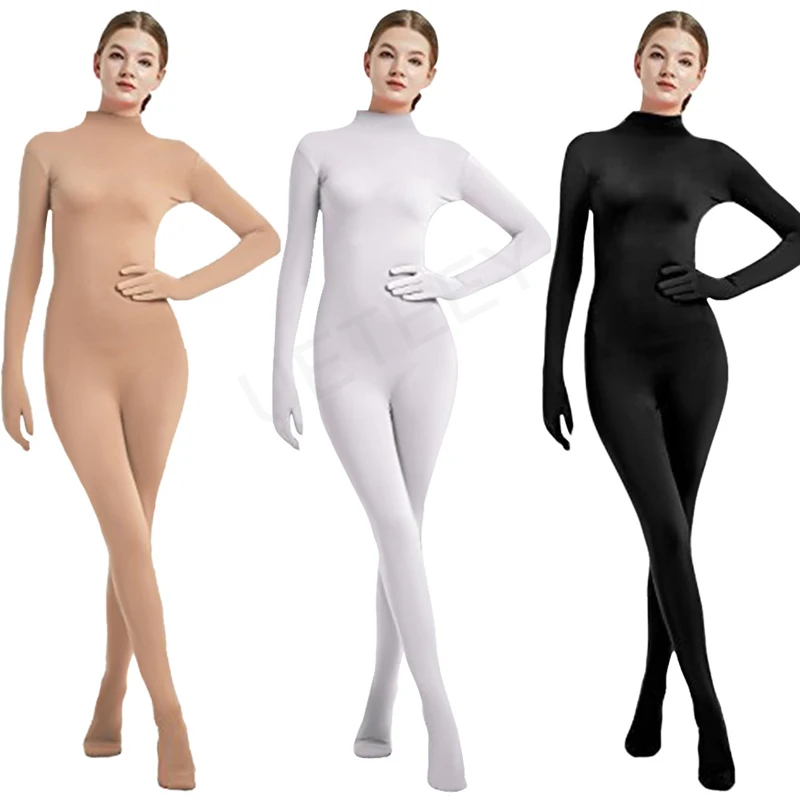 Damen Ganzkörper-Bodysuit in Hautfarbe, Figurbetont, Nahtlos, Hochgeschlossen, 3/4-Ärmel, Unitard für Tanz, Yoga, Kostüm, Rollenspiel, Bühnenbekleidung