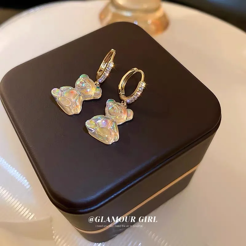 Cute Acrylic Candy Gummy Bear Dangle Earrings for Women Rainbow Bear CZ Hoop Earrings 2025 Korean Fashion Sweet Girl Jewelry