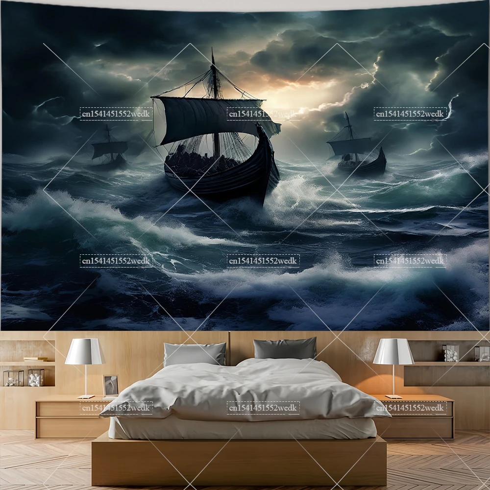 Viking Longship Tapestry Ancient Nordic Runes Wall Hanging Sea Landscape Tapestrys Room Decor Aesthetic College Dorm Wallpapers view 2