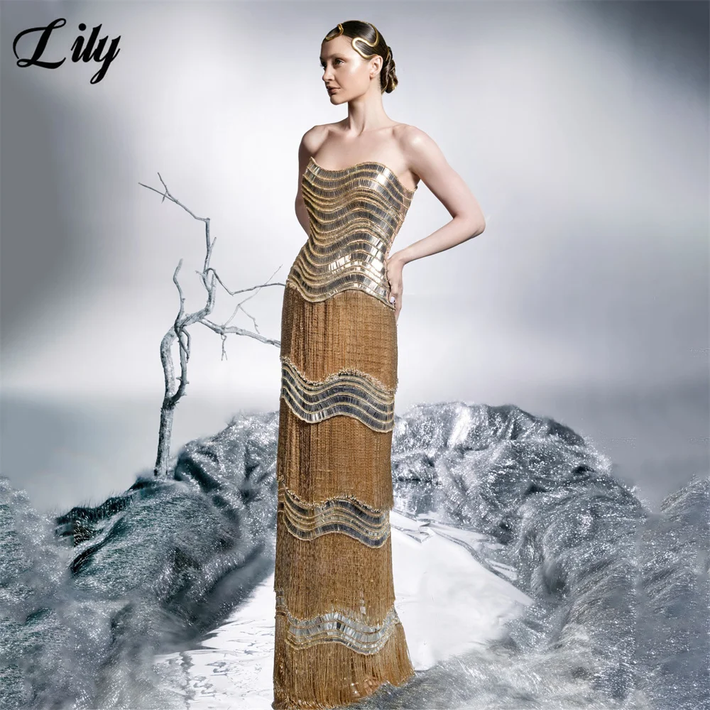 Lily Gold Prom Dresses Strapless Mermaid Formal Dresses with Full Sequin Tiered Tassel Evening Dresses for Wedding Customized
