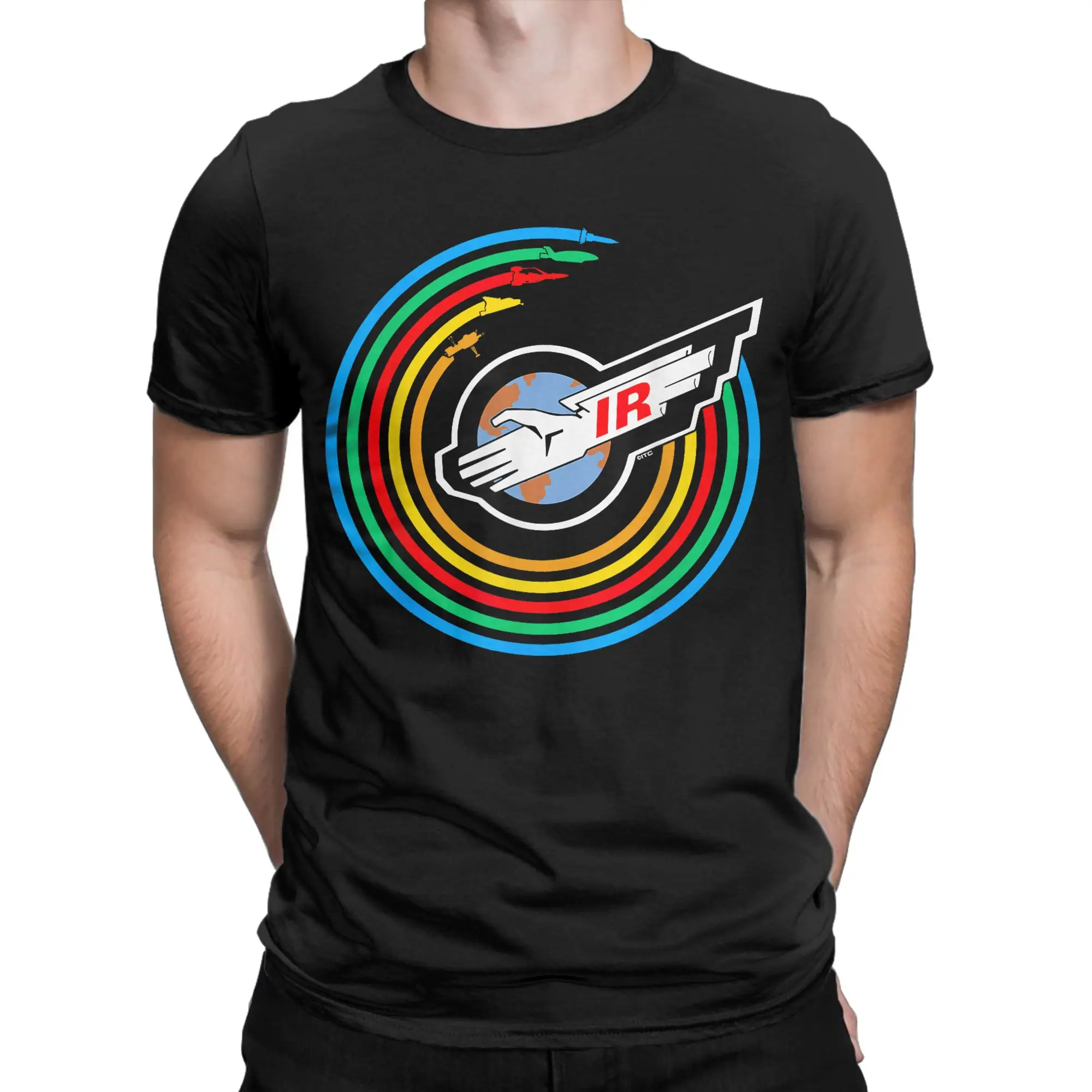 Thunderbirds International Rescue Logo T-Shirts Men Colour Rainbow Novelty Cotton Tees Short Sleeve T Shirts Plus Size Clothes
