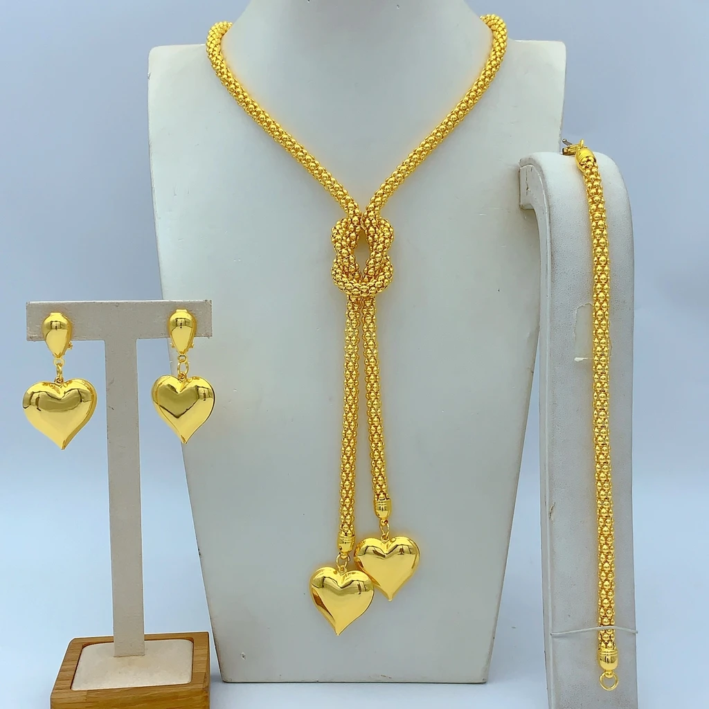 Dubai Langes Herz-Halsketten-Ohrring-Schmuckset für Damen, vergoldet, Nigeria, Indien, Afrika, Braut, Hochzeit, Party, Geschenk, Schmuck