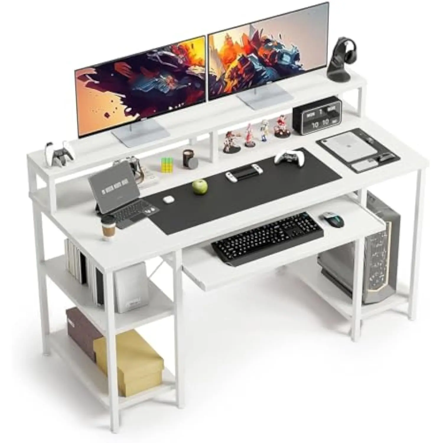

48 inch computer desk, home office white with keyboard tray, gaming with full monitor stand, storage shelves & cpu stand, moder