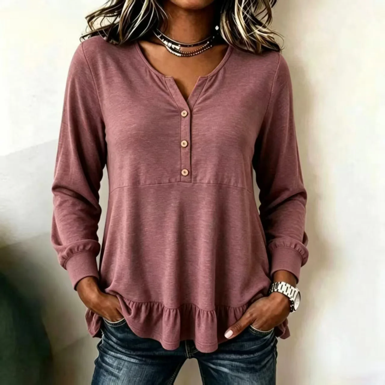 Women's Spring Autumn Henley Neck Long Sleeve Button Ruffled Hem Loose T-Shirt