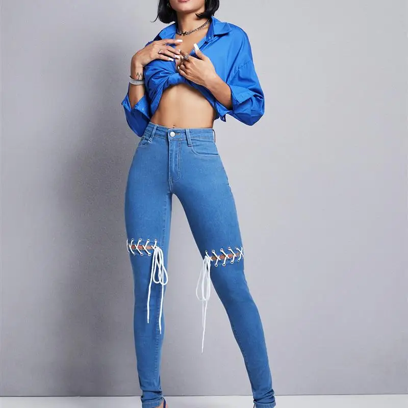 

High Waist Elastic Belted mid Stretch Women's Jeans ZT60324 Wi Cross-Border eBay Faionable Long Pants for Young Women