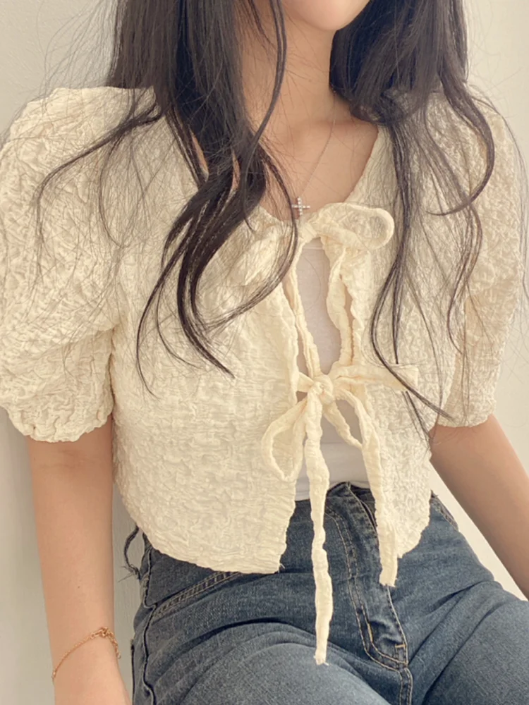 

Korean Style Sweet Tied V-Neck Long Sleeve Thin Air Conditioning Shirt Short Length Women's Fashionable Versatile Sunscreen S...