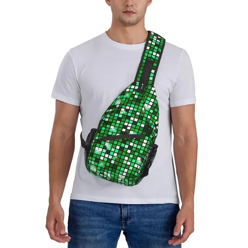 Mochila informal con purpurina y bola de discoteca verde esmeralda para ciclismo, Camping, mochila cruzada en el pecho para hombre, mochila de hombro