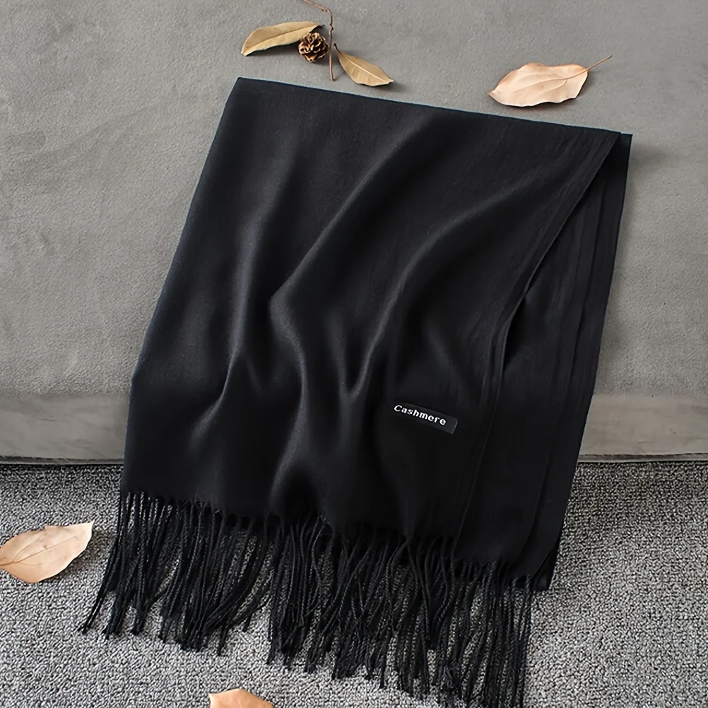 Long Scarf Solid Color Winter Warm Tassel Shawl Imitation Cashmere Casual Headwrap, Elegant Women Hair Accessories