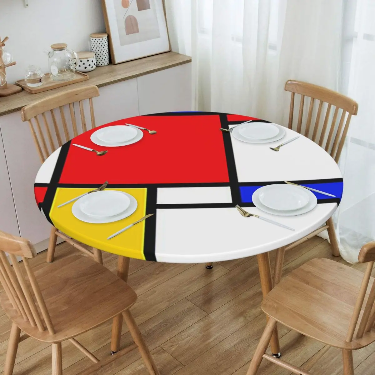 Mondrian Waterproof Round Tablecloth Oilproof Table Cloth for Kitchen Events Dining Table Cover