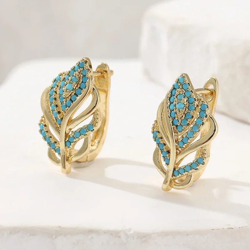 Creative Leaf Shaped Hoop Earrings Gold Plated Turquoise Brilliant Earrings Women's Temperament Elegant Bridal Wedding Jewelry