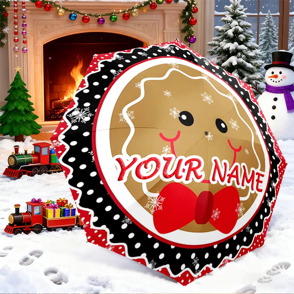Custom Name Umbrella， Christmas Gingerbread Face Design with Red Bow and Snowflakes ,Portable Folding Umbrella, Christmas Gift