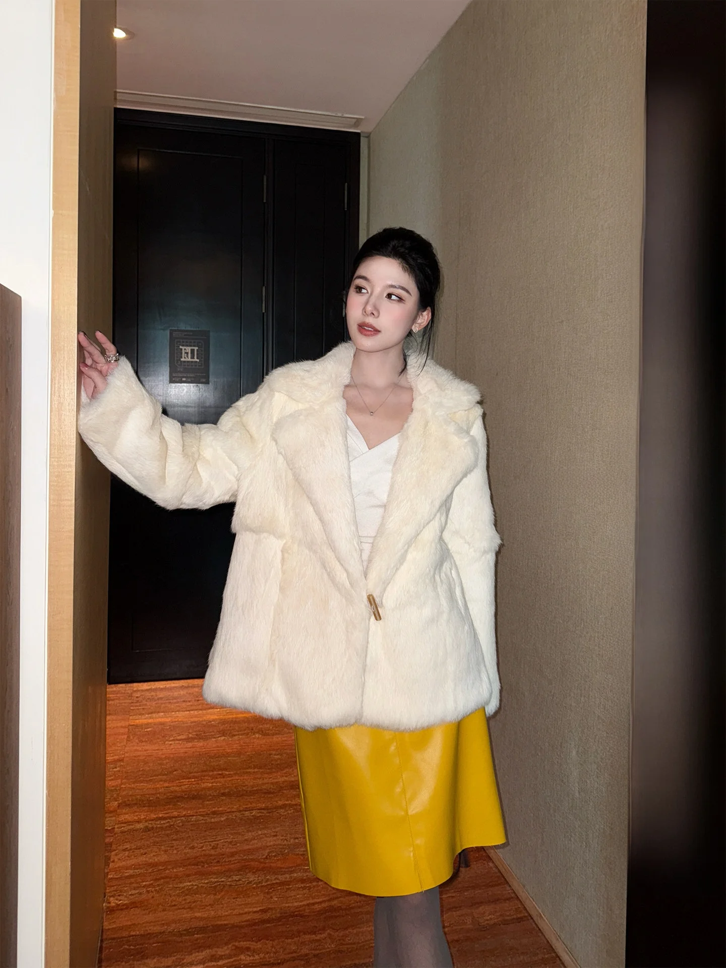 

First Snow Rabbit Fur Jacket Women's Winter Coat White Fur Collar Button up Warmth Luxury Style UKILAU Brand Long Sleeve