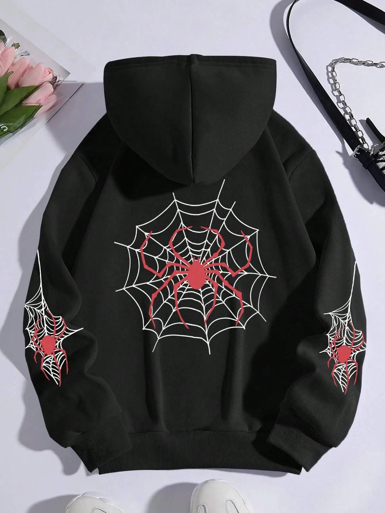 Simple Spiders & Cobwebs Printed Women Hoodie Crewneck Fleece Warm Sweatshirts Fashion Casual Tracksuit Oversized Female Hooded