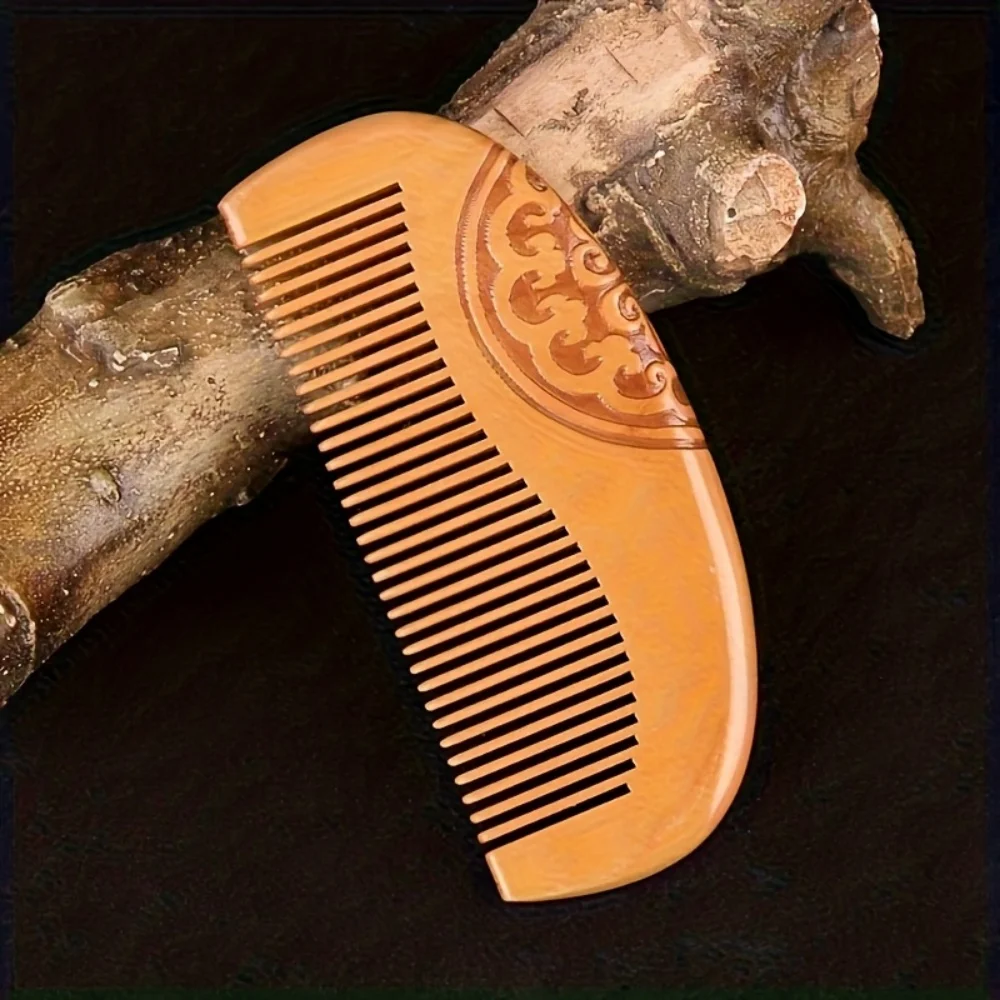 1 Natural Peach Wood Comb, Double-Sided Carved Hair Comb for Home Use, Straightening and Smoothing Hair Comb - view 5