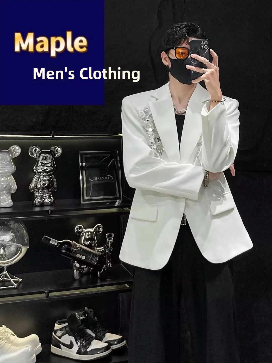 Elegant Embroidered Pure Color Men's Suit Jacket Shiny Sequins Design Business Casual Style Polyester Fiber Anti-Wrinkle Trea...