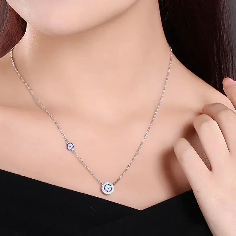 KALETINE Fashion 925 Sterling Silver Evil Eye Necklace Blue CZ Evil Eye Charm Long Women Necklace Pendants Link Chain KLTN042