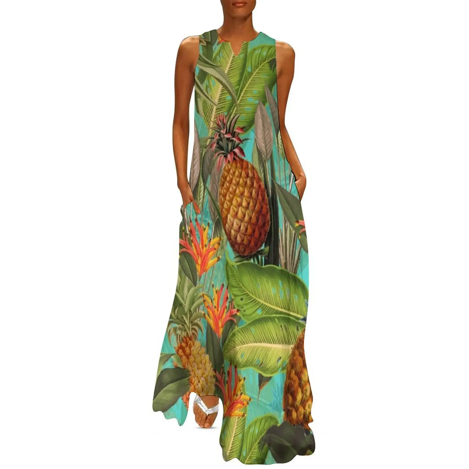 

Vintage Tropical Fruit Pineapple Jungle teal Long Dress cocktail dresses Long dress