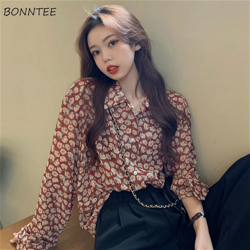 Blouses Women Retro Floral Korean Lazy Style Summer Ladies Chiffon Shirts Sun-proof Long Sleeve Fashion Leisure Womens Blouse