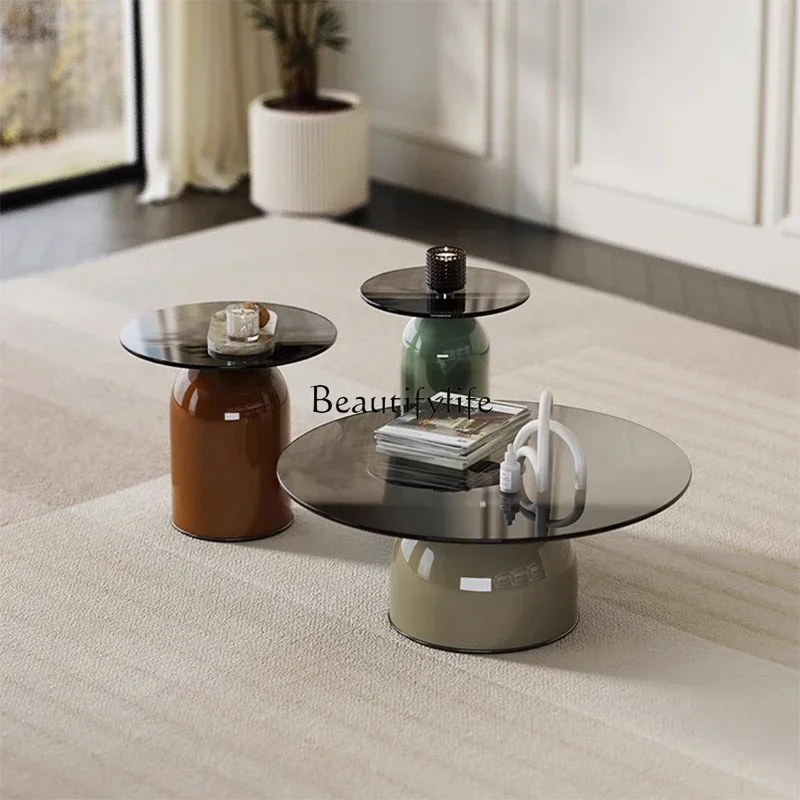 

yj9 French Minimalist Cream Style Creative Glass Round Coffee Table Set for Home Use