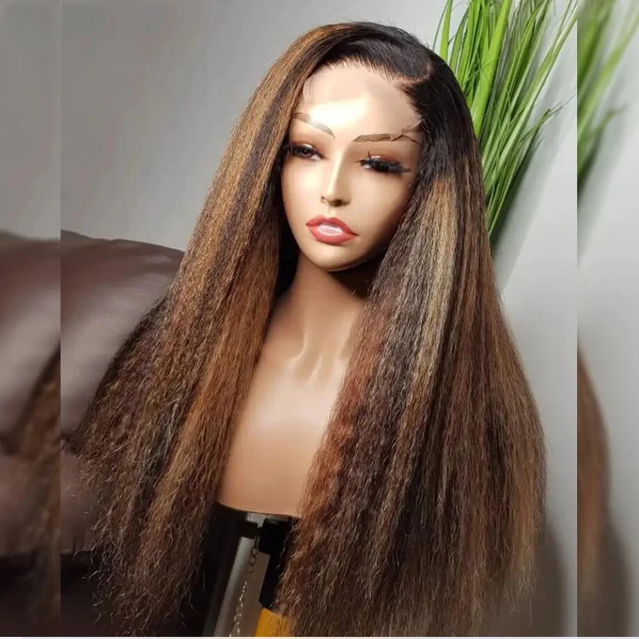 Soft Kinky Straight Natural Long Highlight Blonde Brown Yaki 24Inch Deep Lace Front Wig Black Women With BabyHair Preplucked