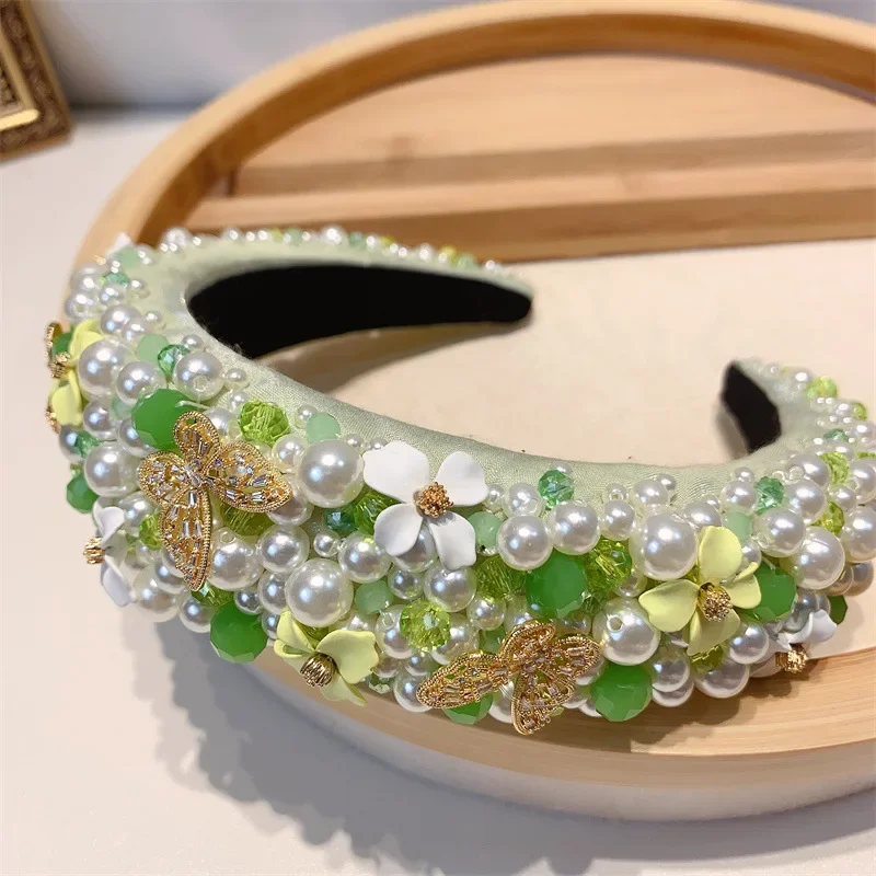 

Korean Women Ladies Butterfly Pearls Flower Green Black Headbands , Female Bling Bling Zircon Purple Headwear Hair Accessories