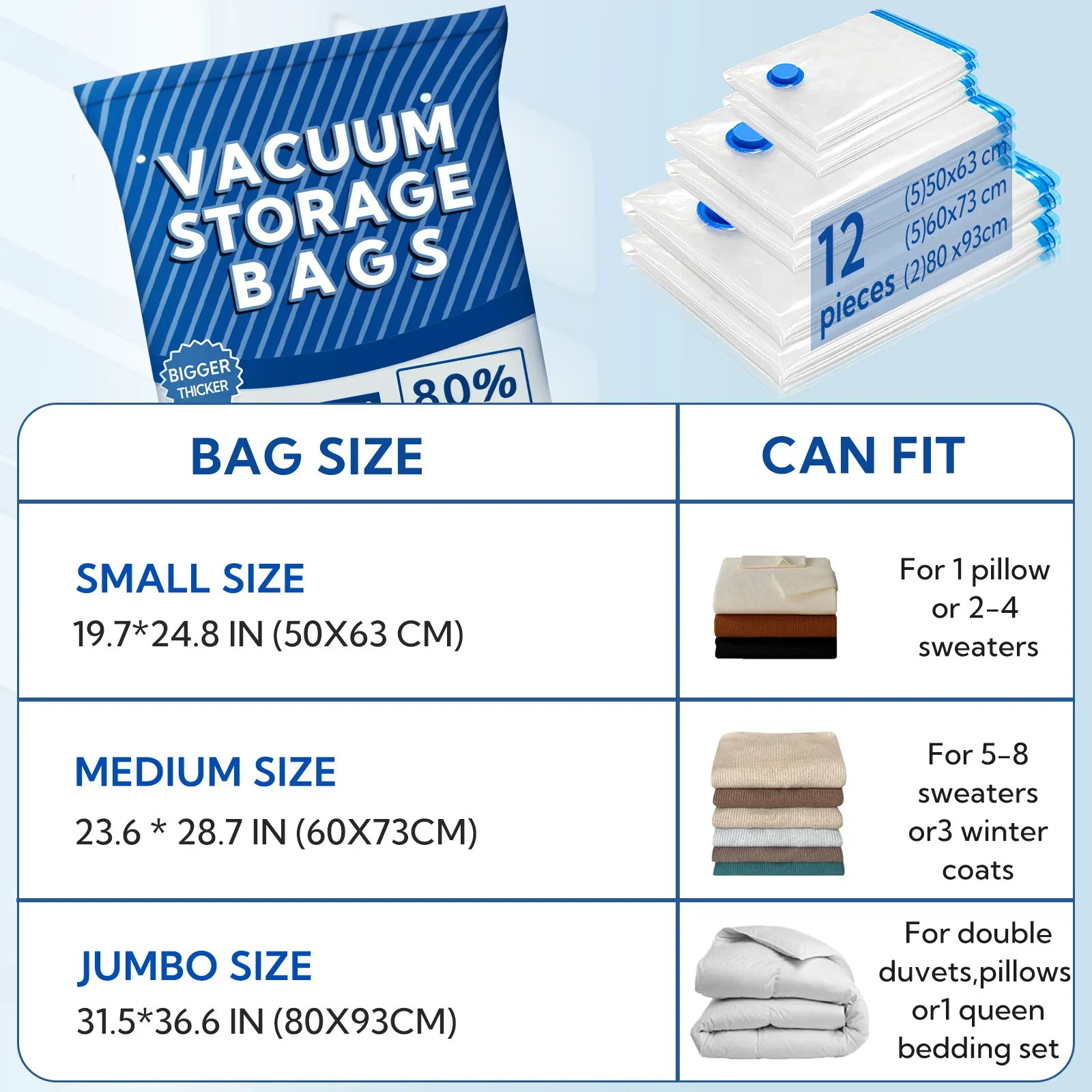 12Pcs Vacuum Storage Bags Vacuum Seal Bag Space Saving Bags for Comforters Clothes Pillow Bedding Blanket Storage