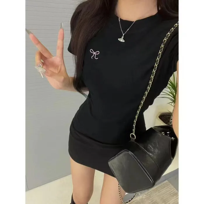 Bow Korean Fashion Kpop Women's T-Shirts Pink Cute Kwaii Tee Shirt Vintage Summer Cheap Clothes T-Shirt Woman Y2K Crop Top