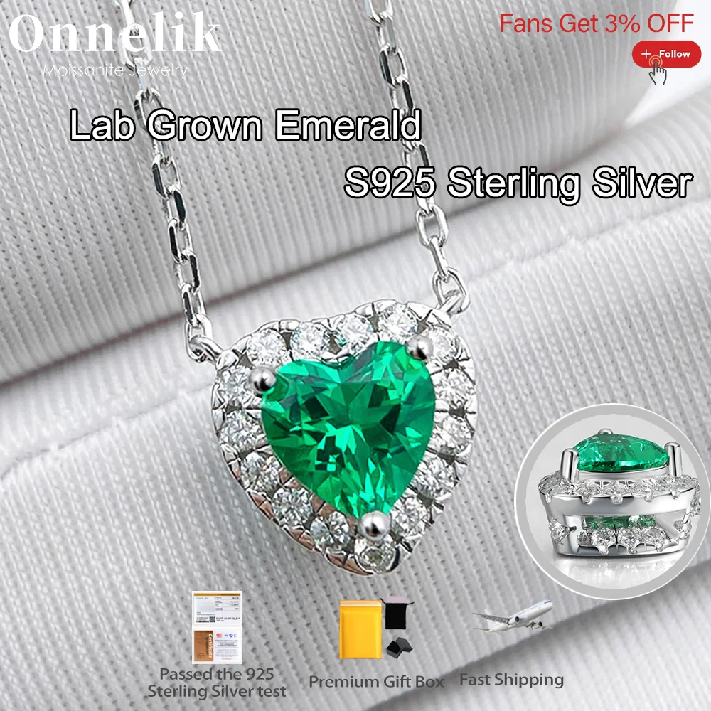 

Onnelik 1CT Real Heart Lab Grown Columbia Emerald Gemstone Necklace Pendant S925 Sterling Silver for Women Party Fine Jewelry