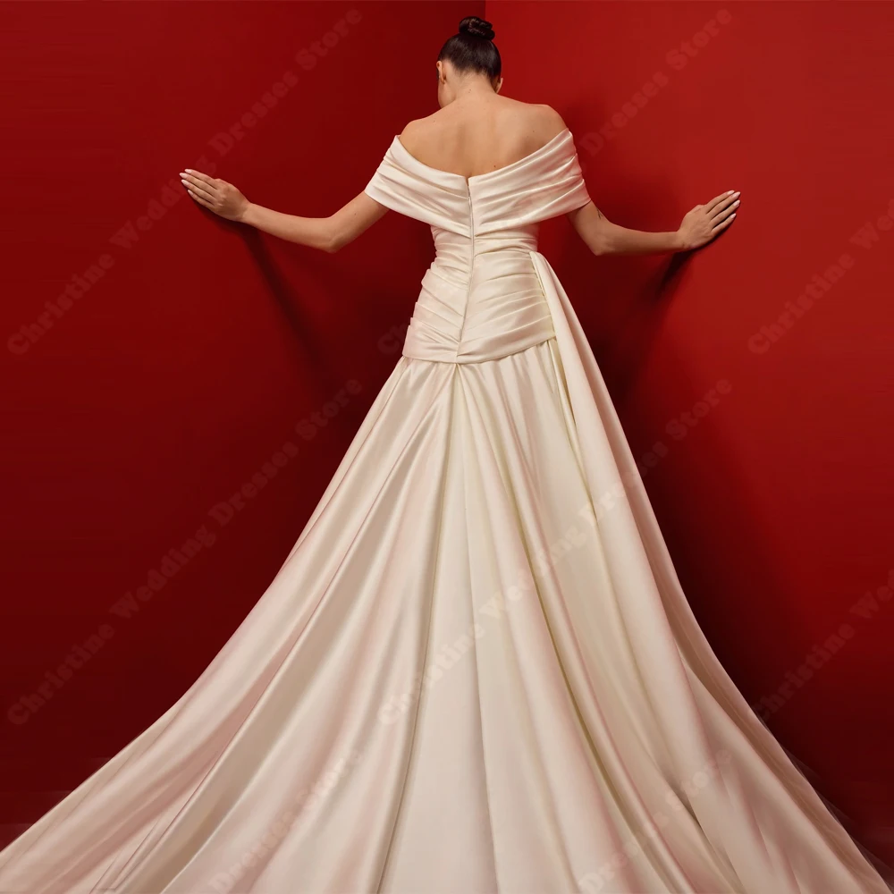 Elegante Satin Frauen Brautkleider Sexy Weg Von Der Schulter A-Line Braut Kleider Wischen Länge Prinzessin Vestido De Novia Angepasst