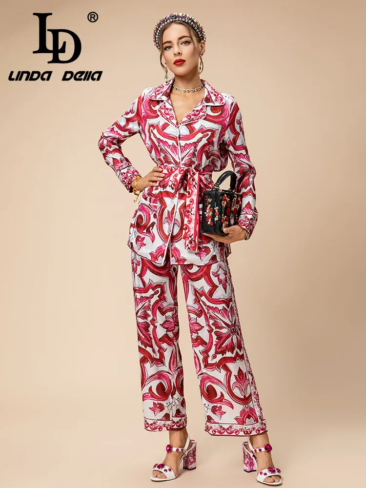 LD LINDA DELLA Autumn and Winter Set Women Red and White porcelain Print Belt Single-breasted Top+Straight Trouser 2 Pieces Set