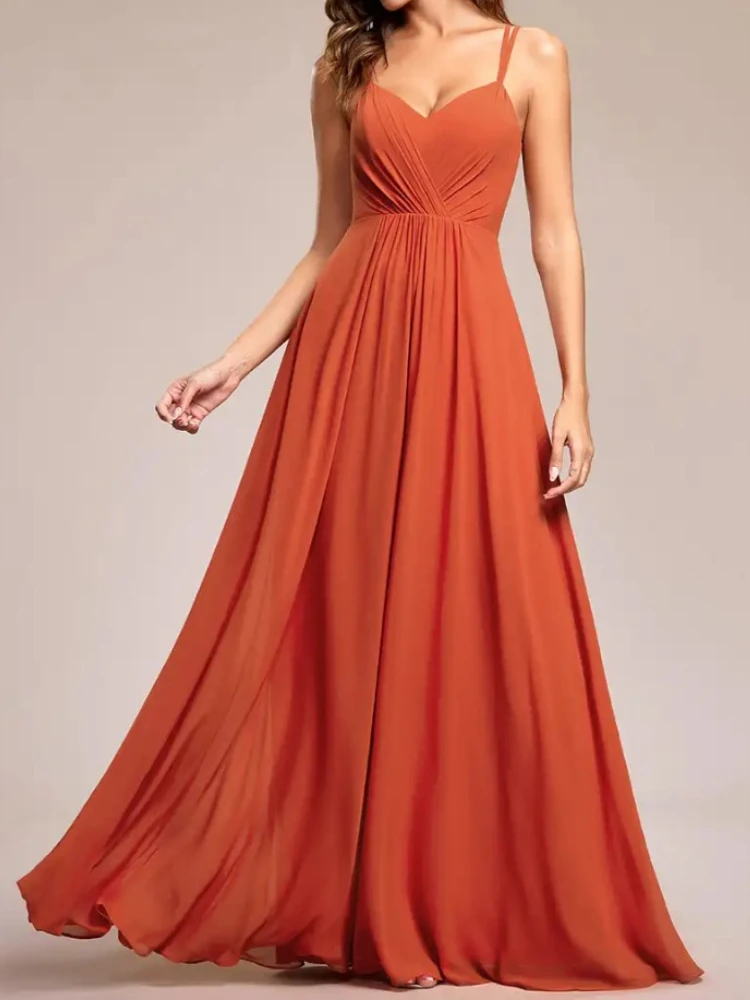 Customized New Elegant Sexy Spaghetti Straps Sleevelss Chiffo Bridesmaid Dress Simple Solid Slim Fit Long Evening Gown Front Ple