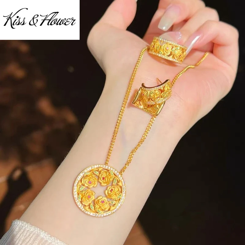 

KISS&FLOWER Gold Luxury Flower Jewelry Set For Women Ring+Earring+Bracelet+Necklace Wedding PartyBirthday Bride Mother Gift JS68