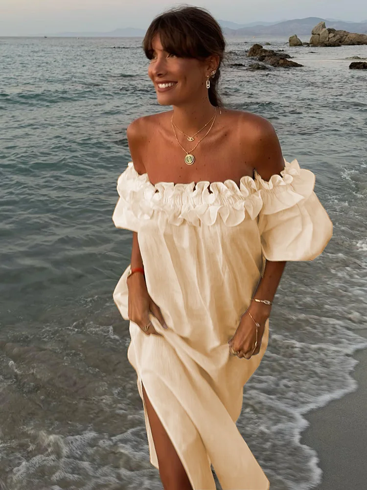 Sexy Off Shoulder Ruffles Dress Women Summer Puff Sleeve High Slita-line Loose Casual Vacation Beach Party Dresses Long Vestidos