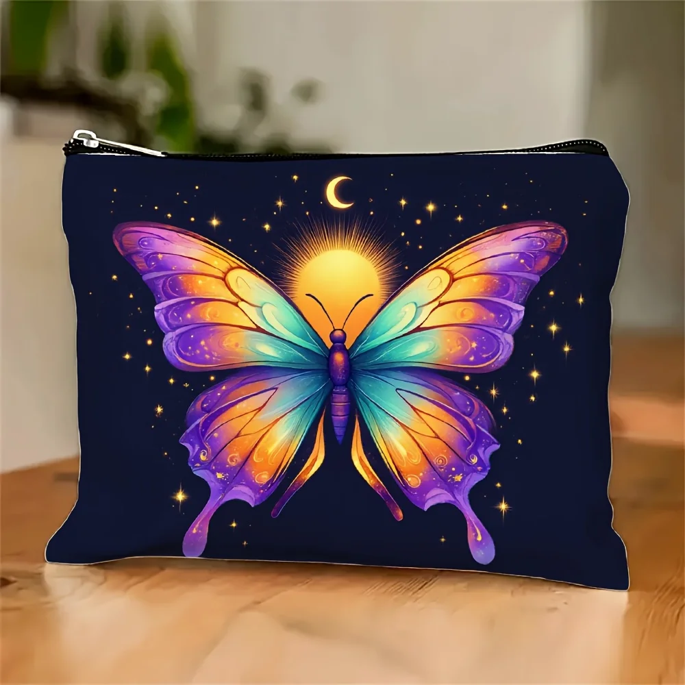 A Night sky butterfly print makeup bag- multifunctional zipper pouch, jewelry storage bag, perfect travel zipper small storage b