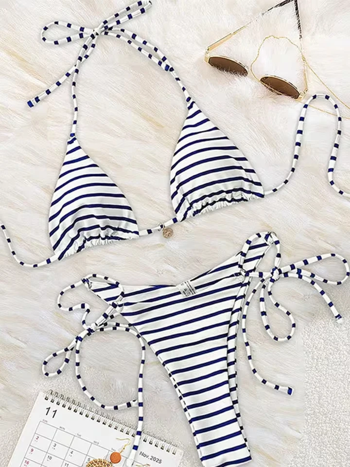 Vzvn Sexy Lace Up Stripe Vacation Casual Bikinis Women Split Swimsuit Beach Bikini 2026 All Season Backless Bikinis 2 Piece Set