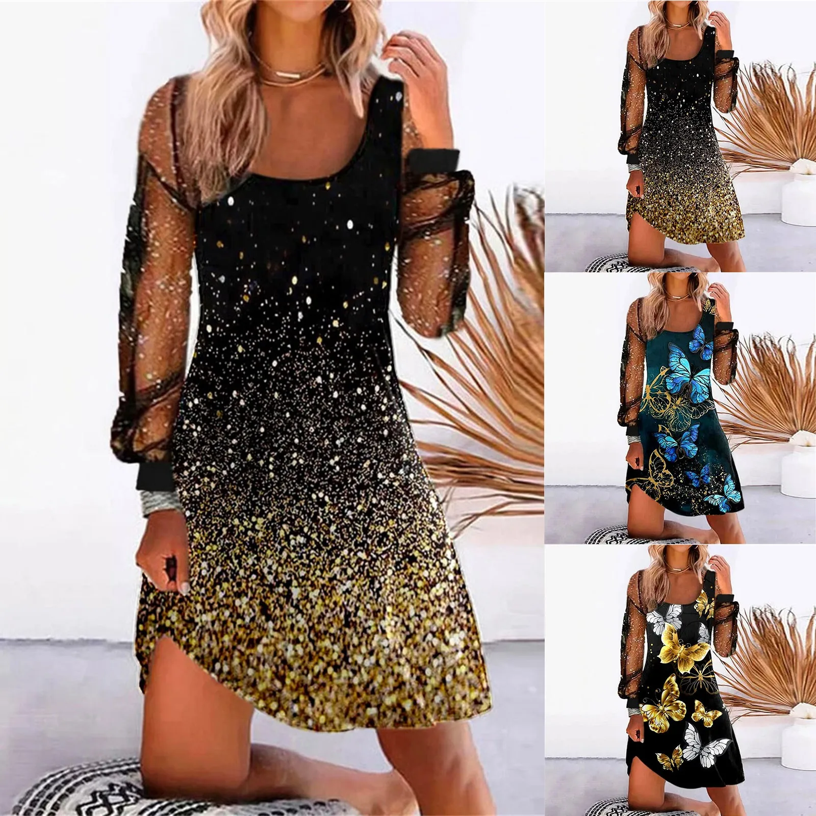 Dresses For Women 2024 Casual Ladies Spring Sexy Dress Casual Mesh Printed Long-Sleeved And Summer Dresses For Formal Occasions