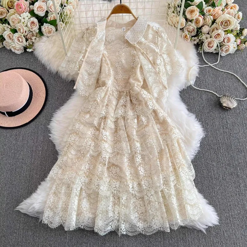 

Apricot Lace Dress and Tops Women Elegant Streetwear Summer Holiday Party Dresses Bodycon Runway Design Sleeveless Vestidos