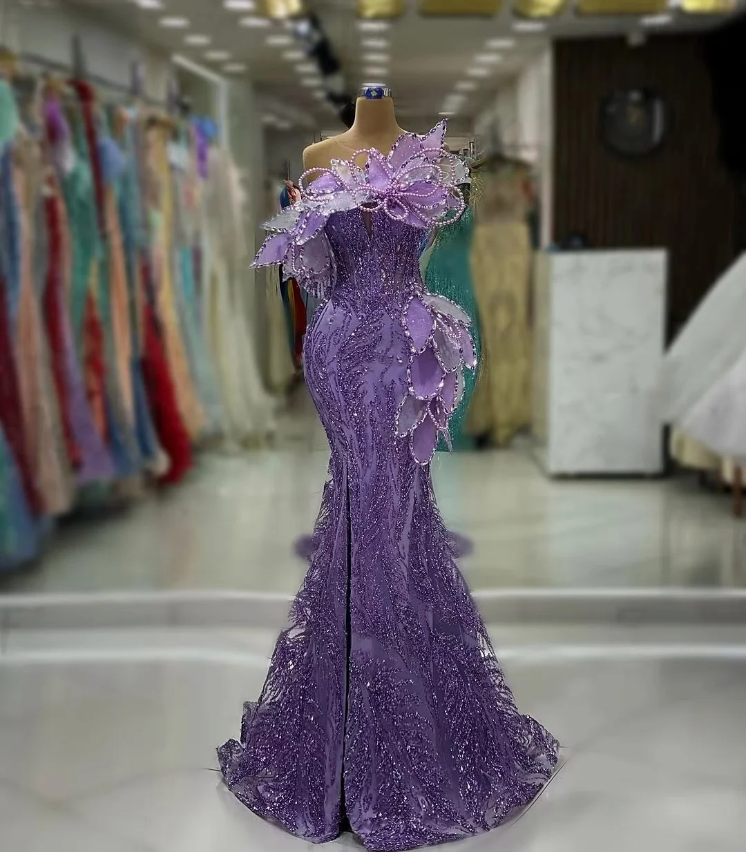 Luxuriöse Flieder-Abendkleider im Nahost-Stil, transparente, mit Perlen besetzte südafrikanische, dubai-saudische, arabische Ballkleider für schwarze Mädchen, maßgeschneidert